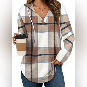 Plaid V-Neck Hoodie Top